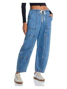 BlankNYC Women Fan Mail Washed Blue Drawcord Low Rise Barrel Leg Jeans Size L